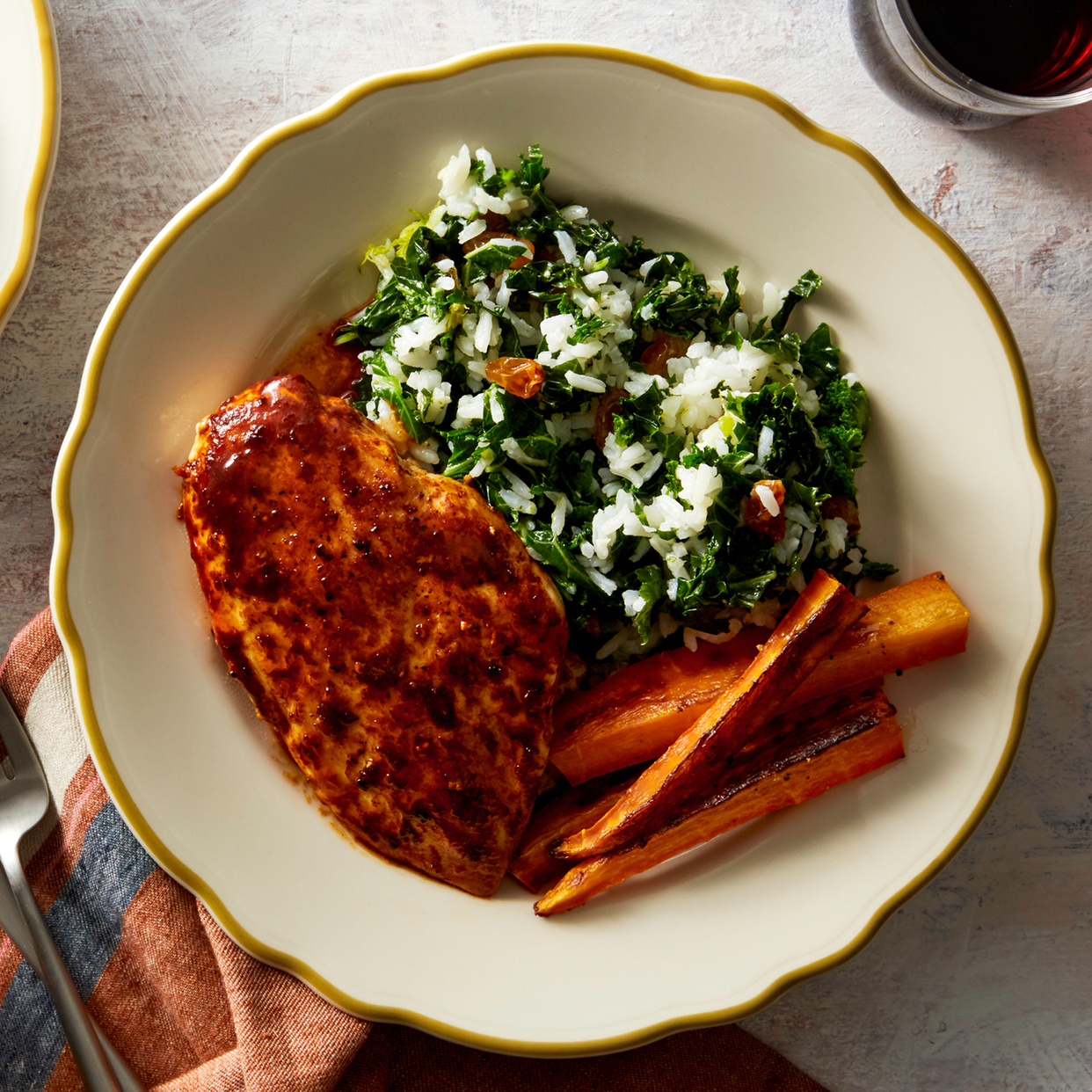 Ancho-Orange Chicken with Kale Rice & Roasted Carrots
