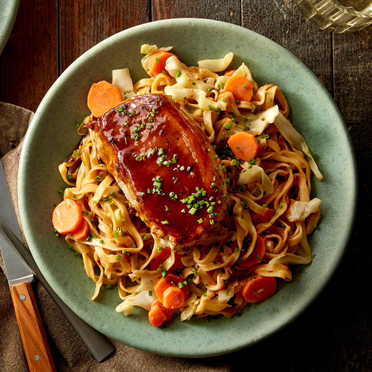 Hoisin-Glazed Pork Chops with Stir-Fried Vegetables & Wonton Noodles