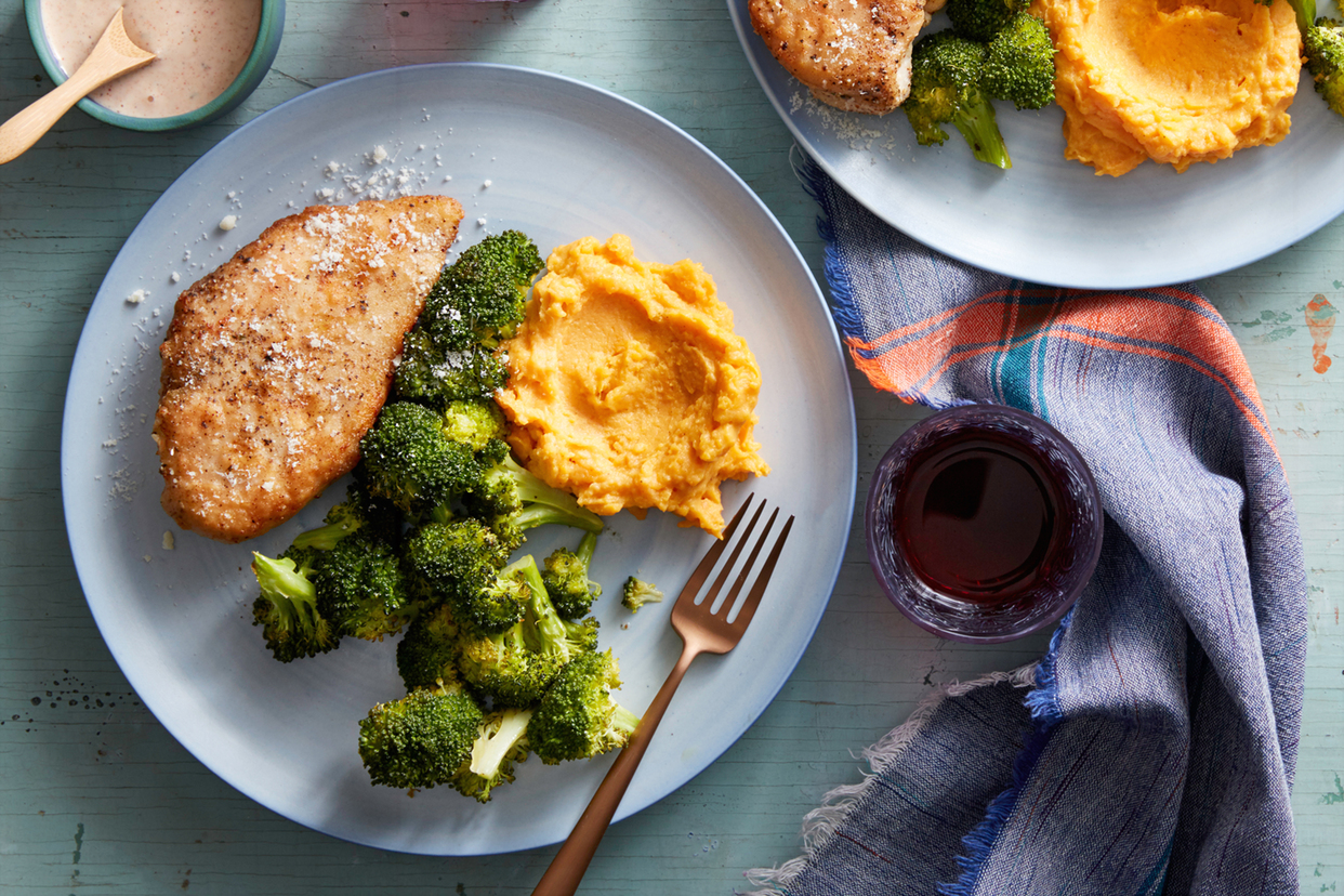 Parmesan-Crusted Chicken with Mashed Sweet Potatoes & Roasted Broccoli