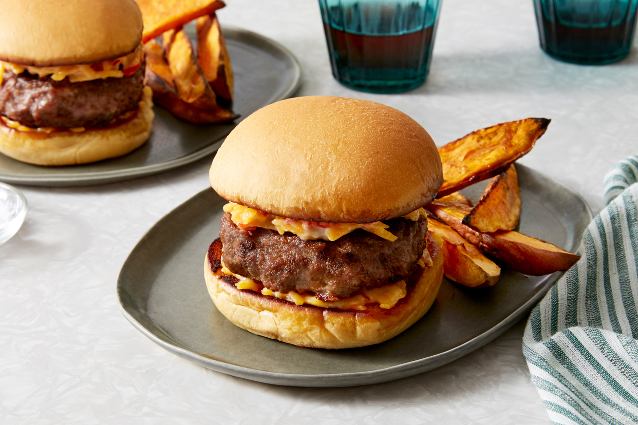 Pimento Cheeseburgers with Sweet Potato Oven Fries
