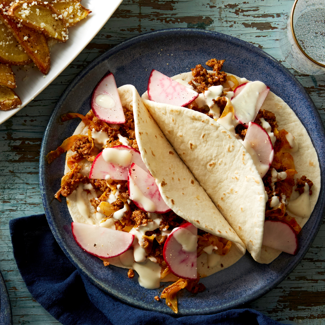 Pork Chorizo Tacos with Cheesy Roasted Potatoes