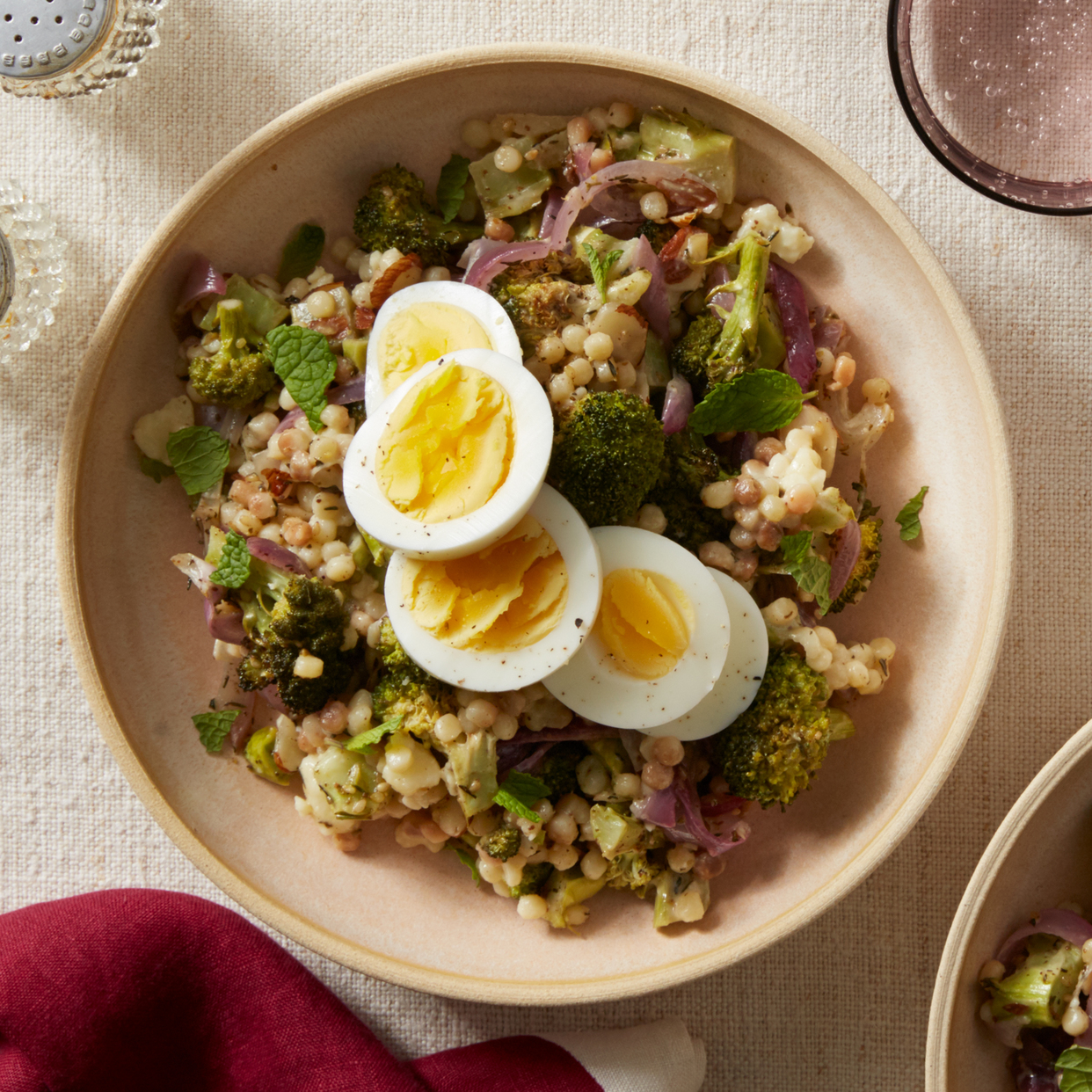Roasted Broccoli & Fregola Sarda Salad with Hard-Boiled Eggs & Tahini Dressing