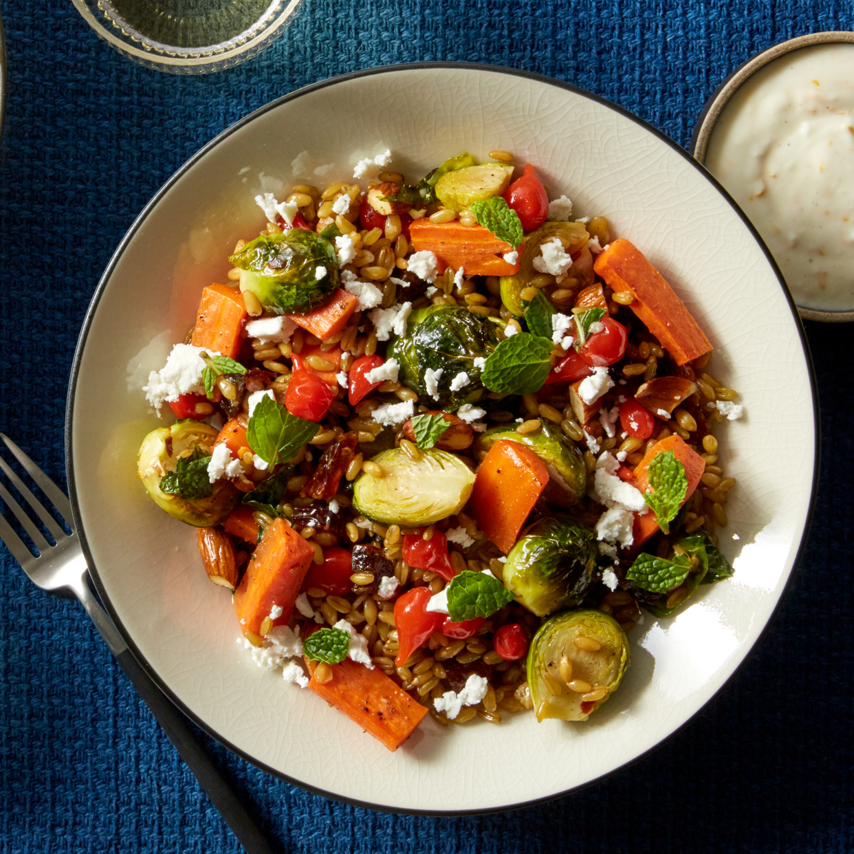 Roasted Brussels Sprout & Freekeh Salad with Lemon Yogurt & Barrel-Aged Feta