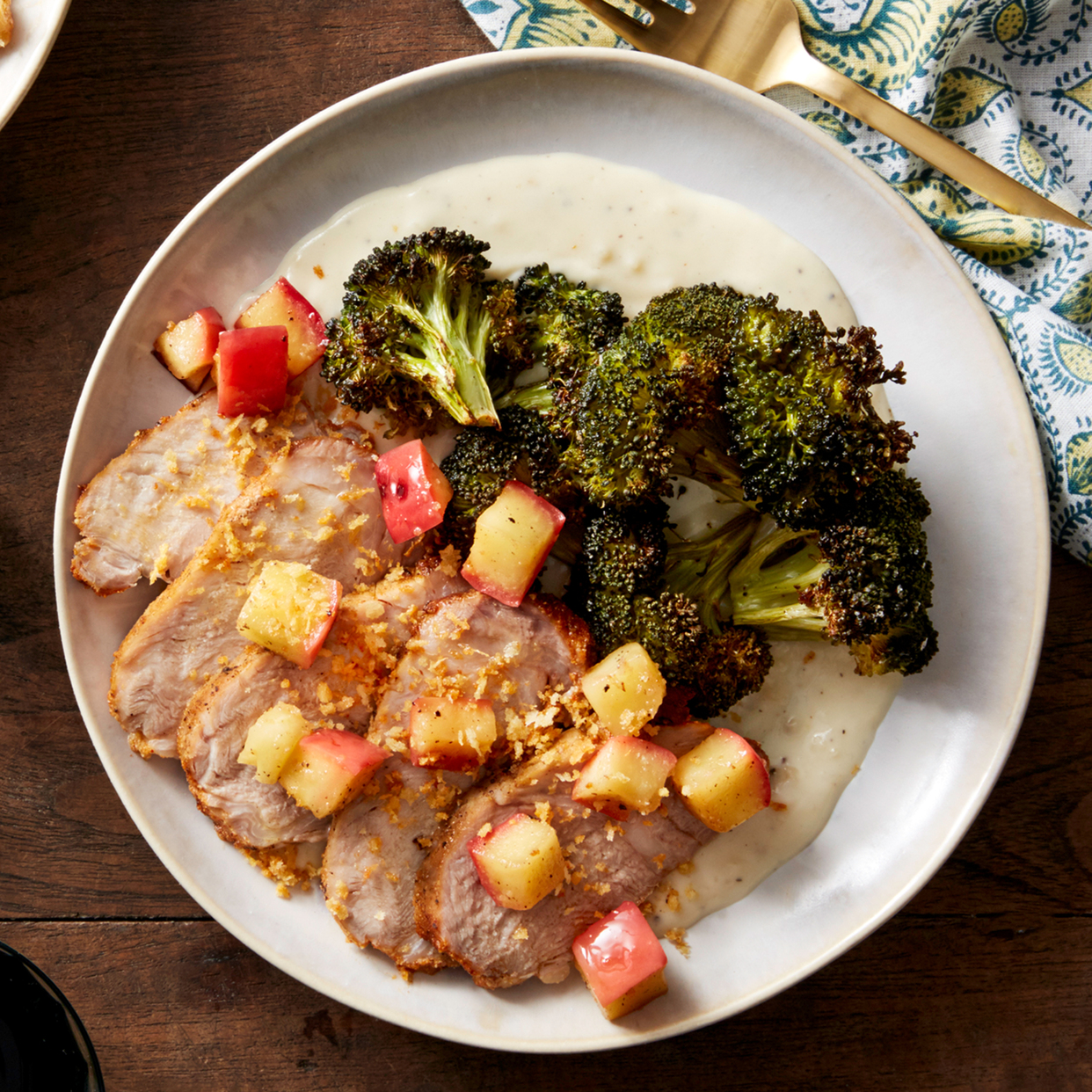 Roasted Pork & Broccoli with Apple, Cheese Sauce, & Garlic Breadcrumbs