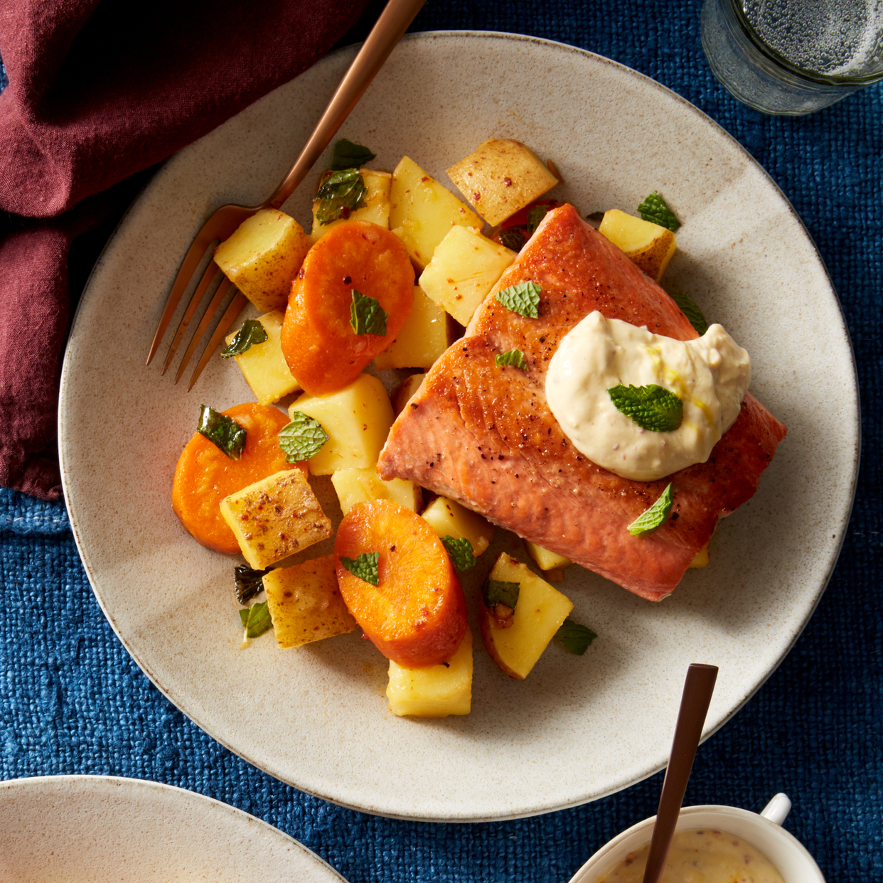 Salmon & Honey-Glazed Carrots with Lemon-Saffron Yogurt Sauce