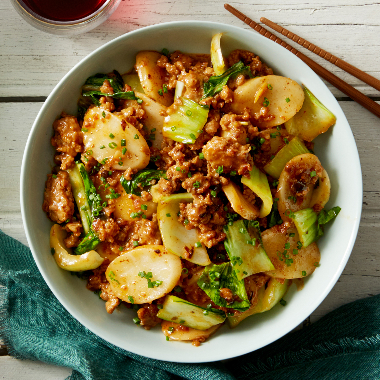 Spicy Pork & Korean Rice Cakes with Bok Choy