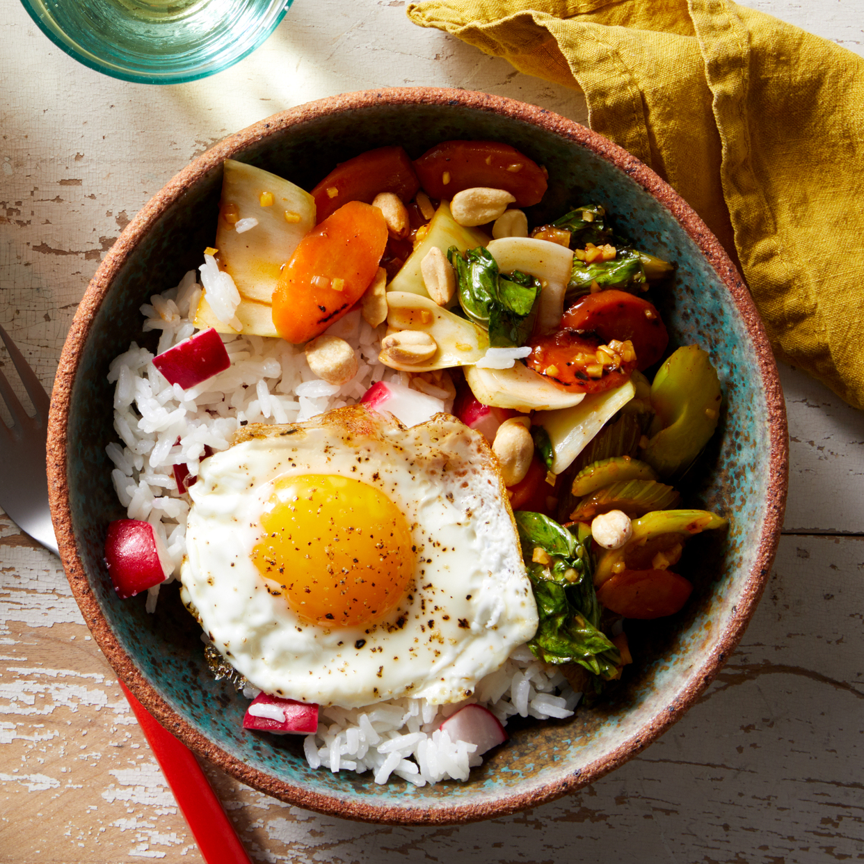 Sweet & Sour Vegetable Stir-Fry with Fried Eggs & Peanuts