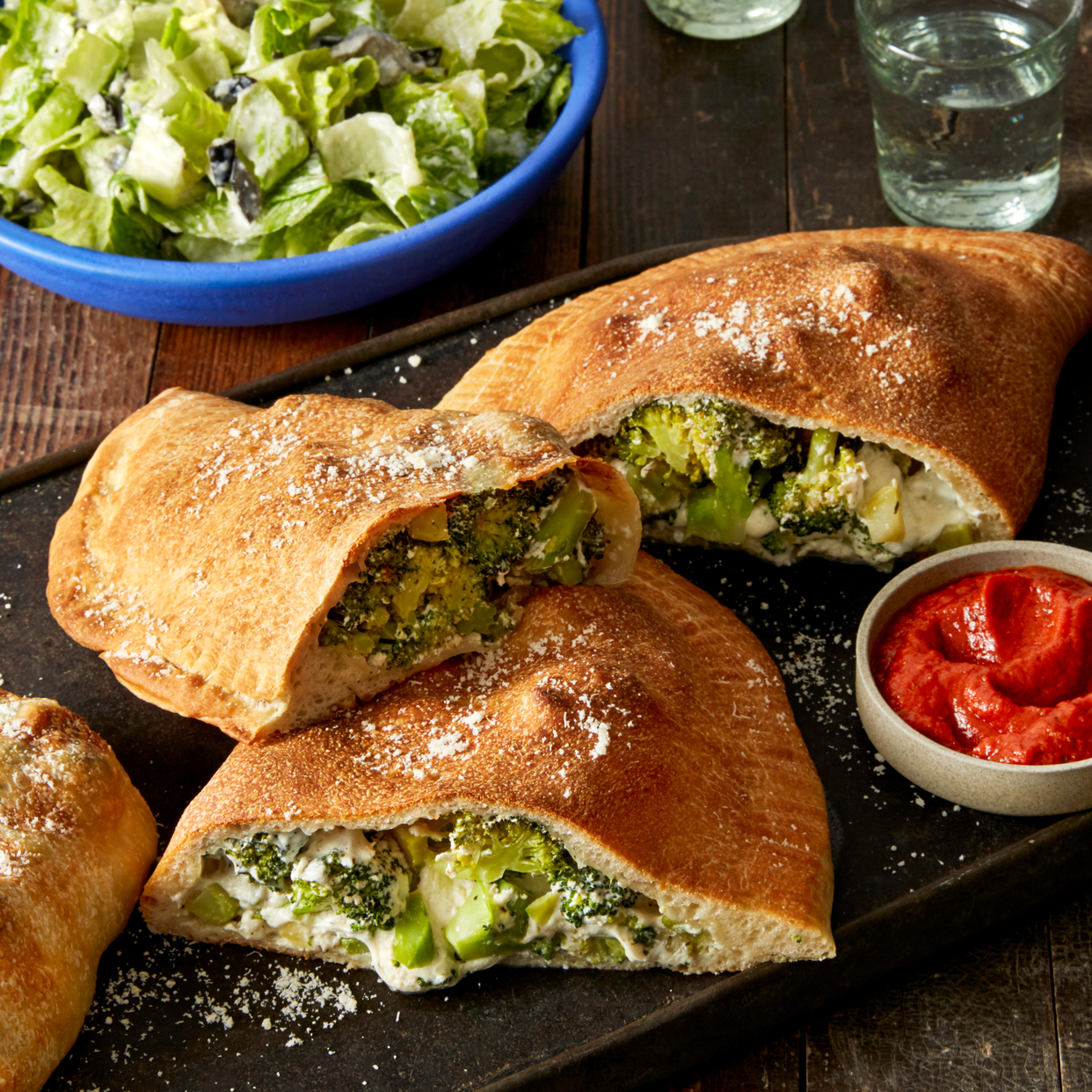 Broccoli & Mozzarella Calzones with Caesar Salad