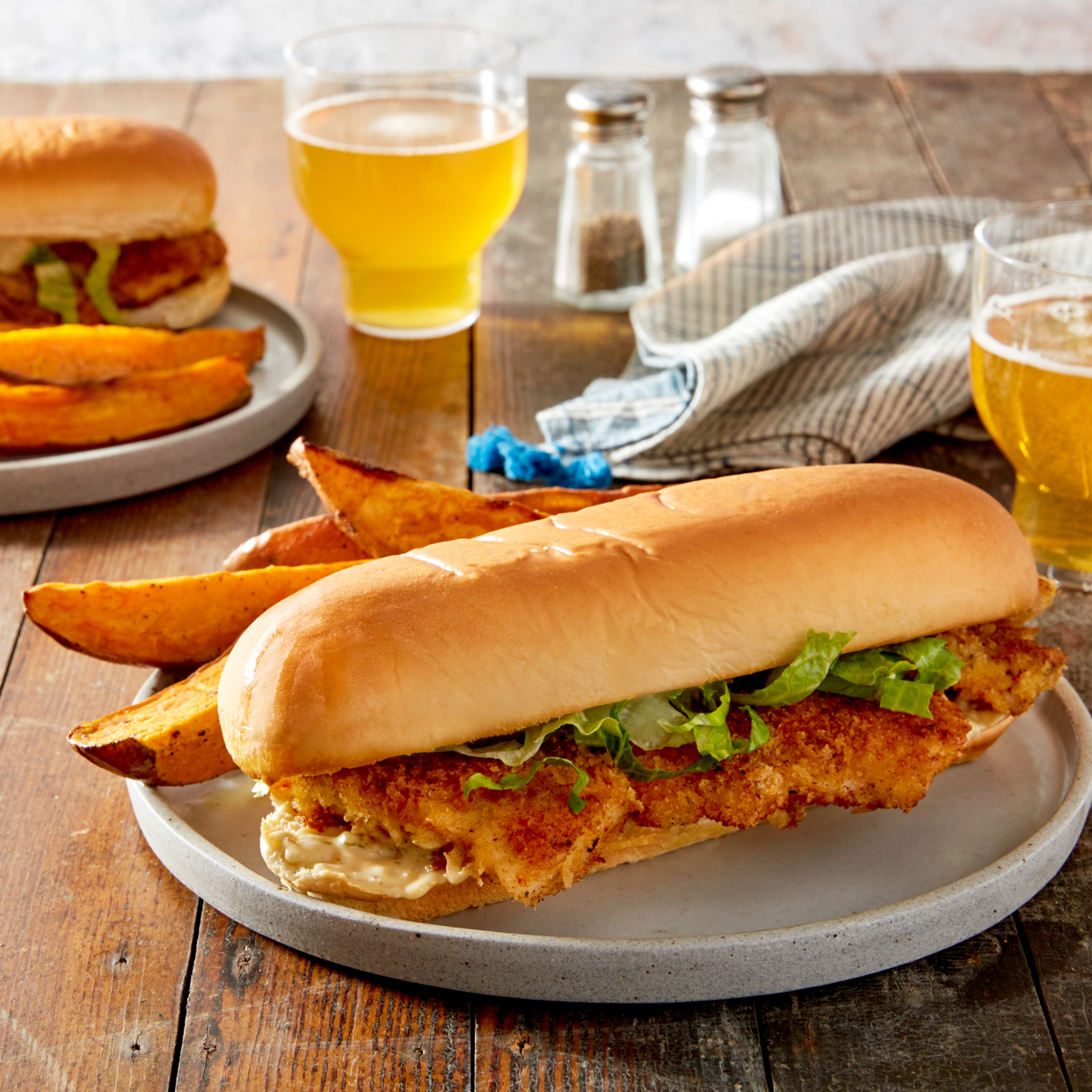 Crispy Fish Sandwiches with Tartar Sauce & Roasted Sweet Potato Wedges